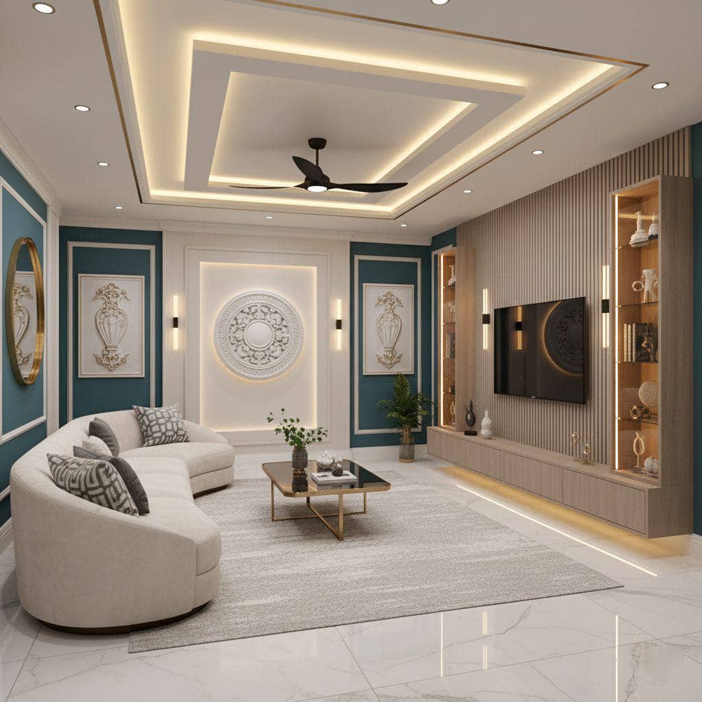 Level 5 premium gypsum board finishing for luxury Majlis interior, Qatar