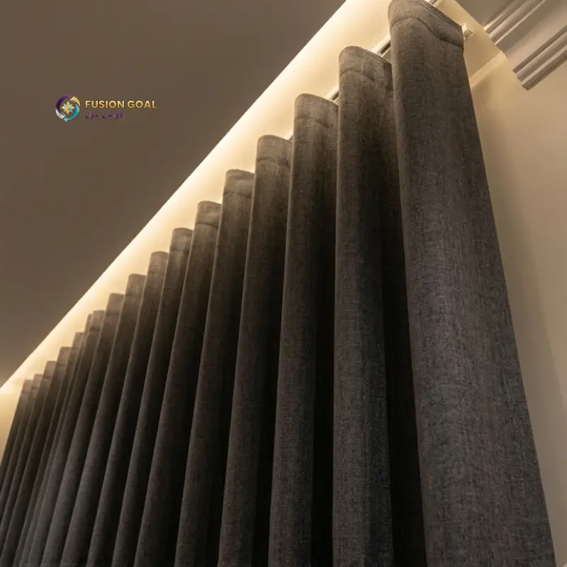 Dark blue Blackout Linen Curtains by Fusion Goal with modern pleated design