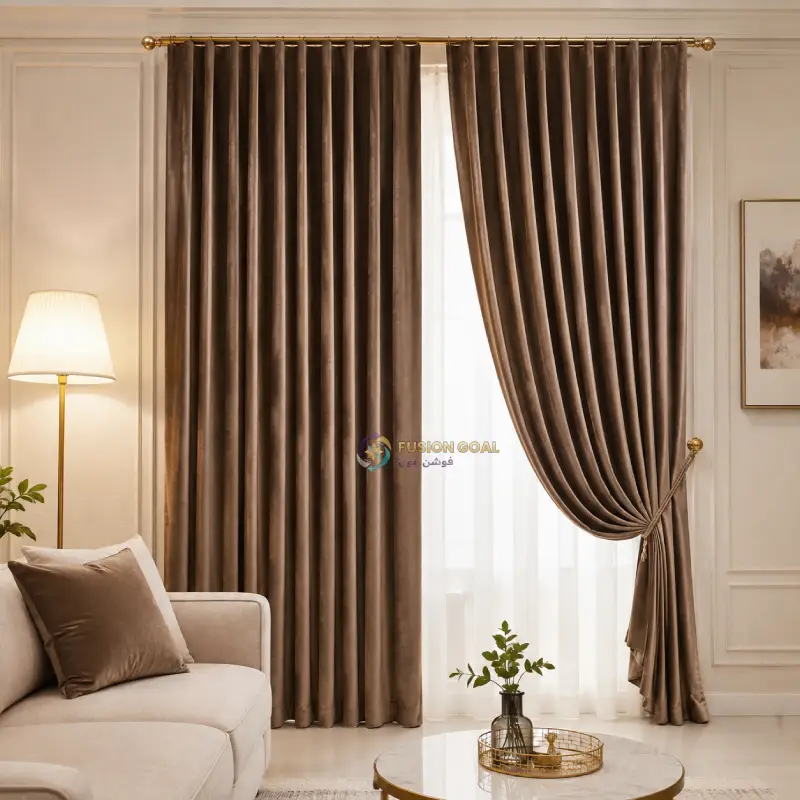 Elegant navy blue blackout velvet curtains with tieback in a luxury living room