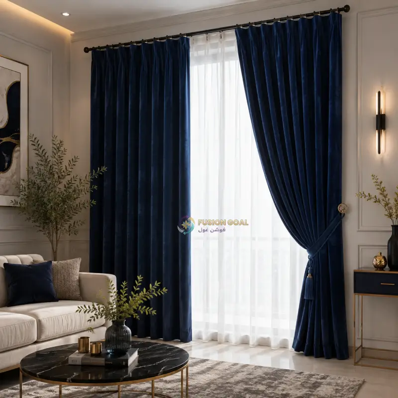 Brown velvet blackout curtains with decorative tieback and sheer inner curtain