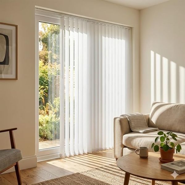 Manual vertical blinds covering a large window in a modern interior