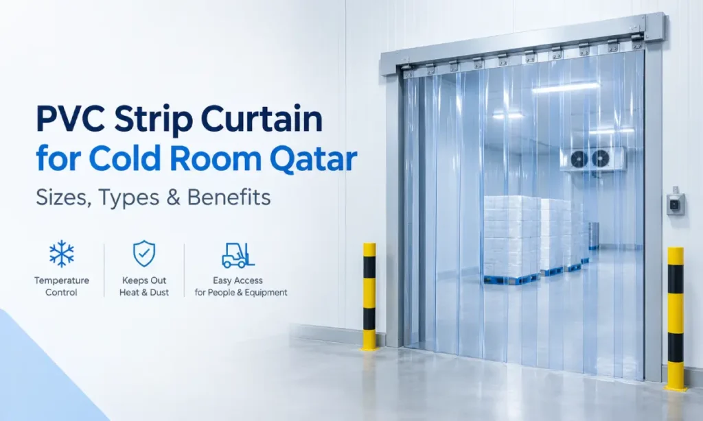 PVC strip curtain for cold room in Qatar with clear overlapping strips at a cold storage entrance