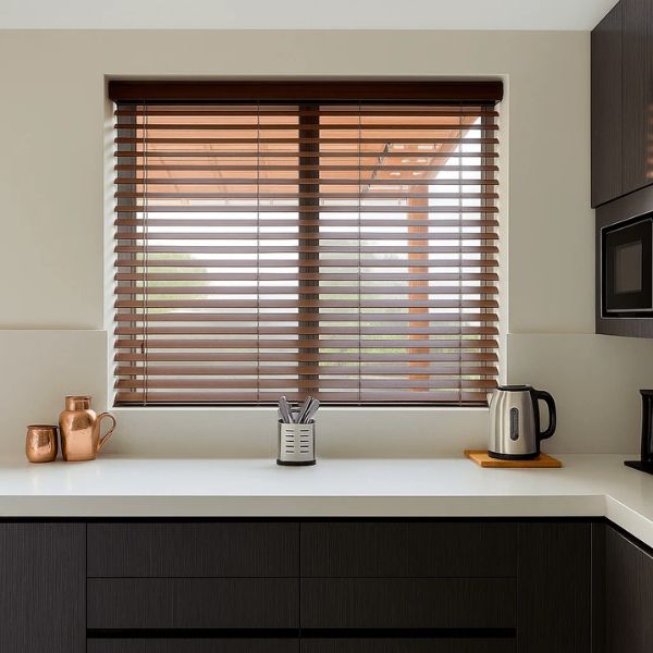 Natural wooden blinds on a window
