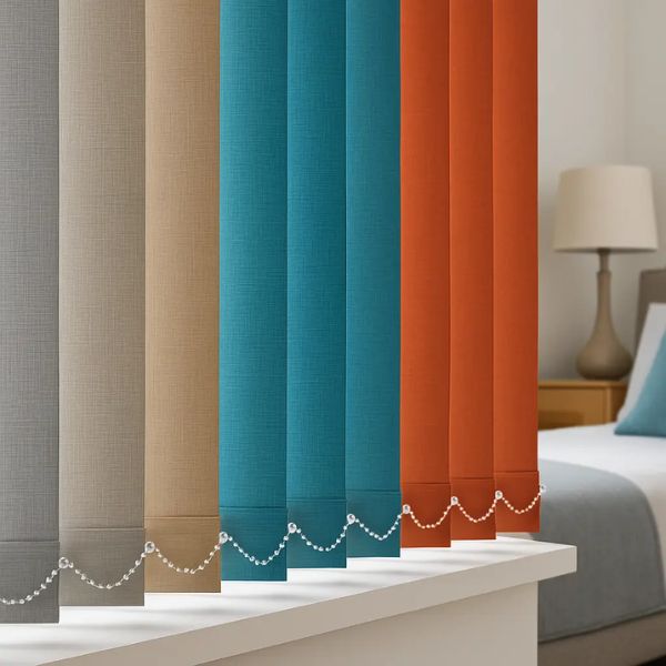 Vertical blinds in different colours and fabric designs for modern interiors