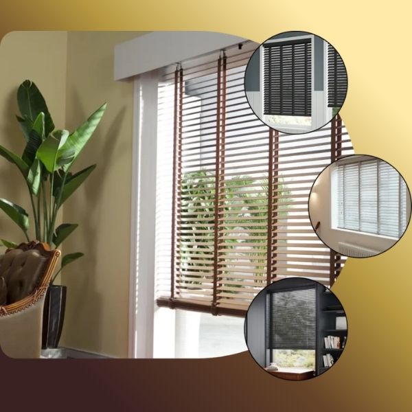 Wooden blinds in natural, white and dark wood finishes
